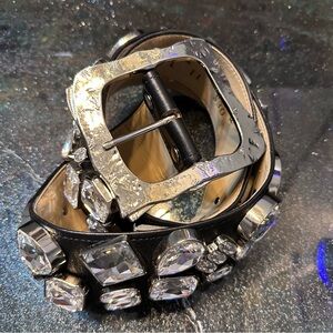 BB Simon Swarovski Crystal Y2K Elegant Black Leather and Silver Embellished Belt